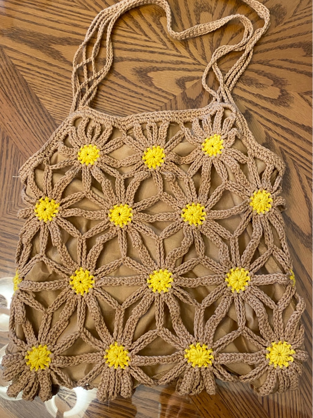 Source Unknown Crochet Daisy Hobo Bag in Brown and Yellow